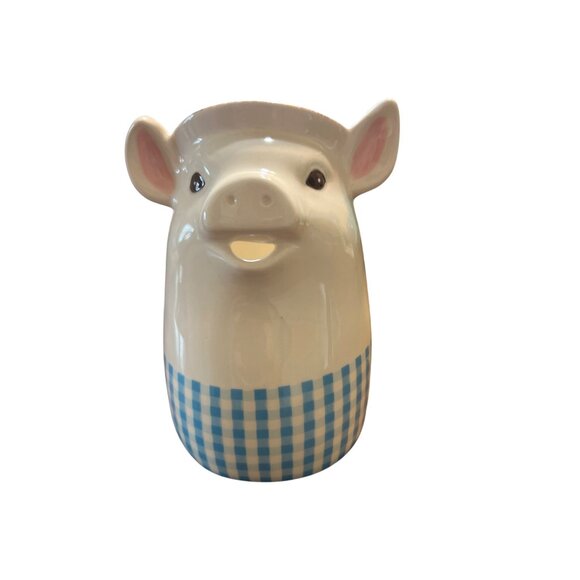 Grasslands Road Ceramic Creamer Pig Cow Farmhouse Country Gingham Handle 5" tall - Picture 1 of 5